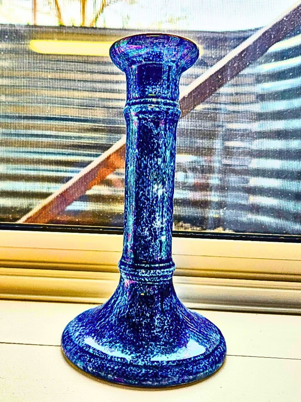 Vintage Grimwades Byzanta Ware Blue Lustre Candlestick Iridescent Stoke England